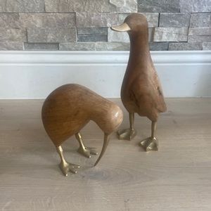 Crate and Barrel Mango Wood and Brass Birds (Kiwi and Duck)